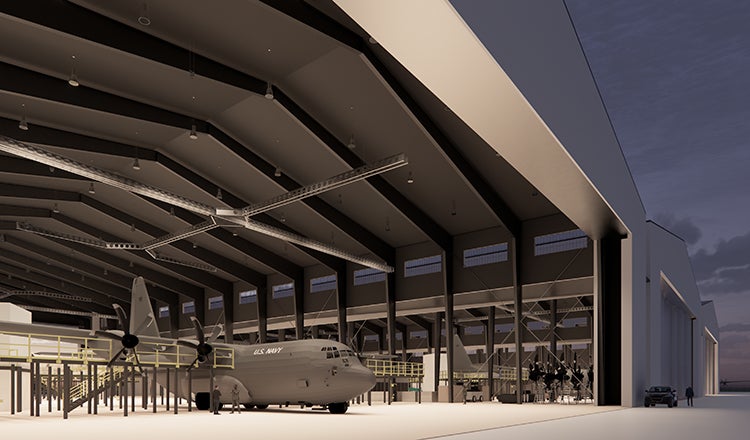 Rendering of building and plane
